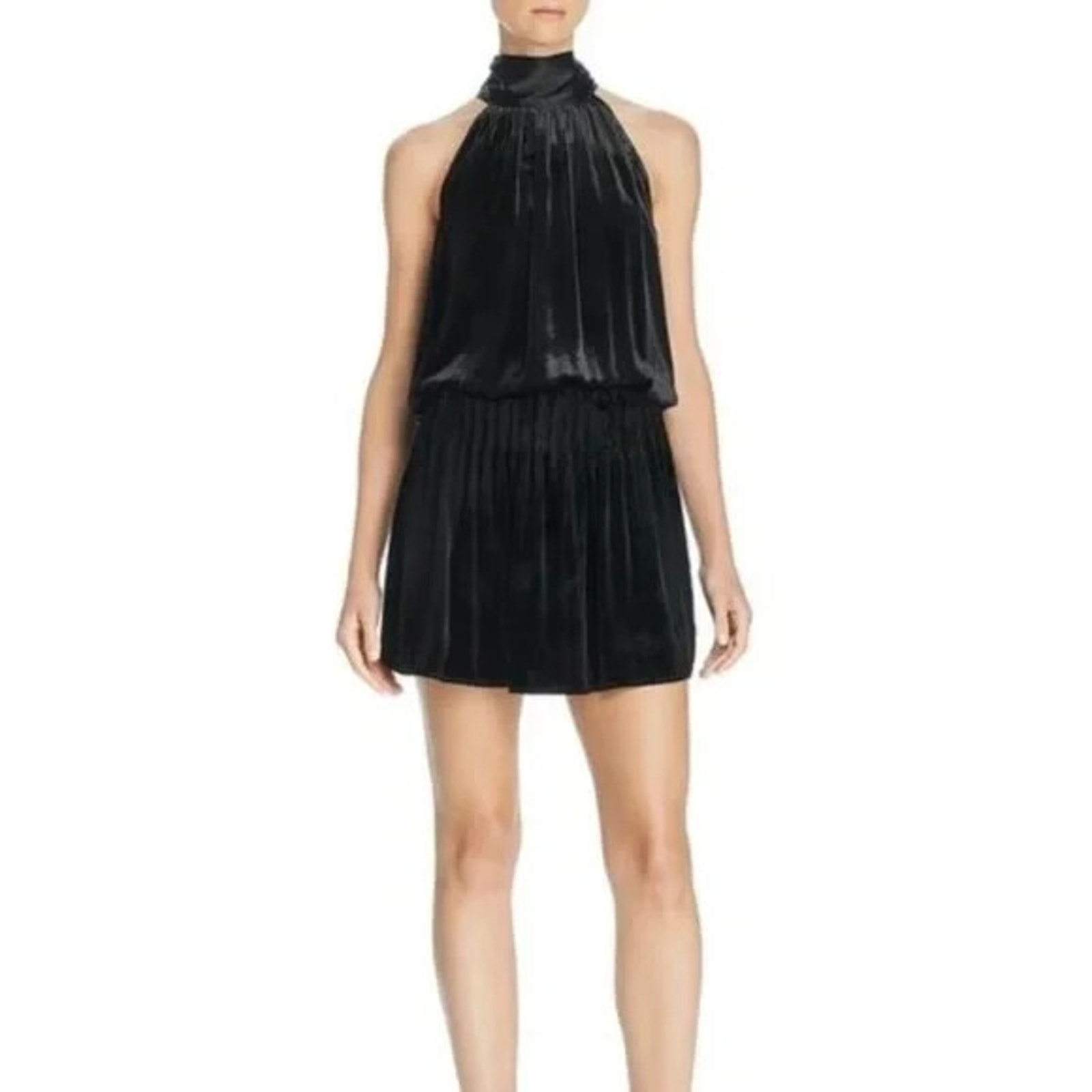 Ramy Brook Paige Velvet Dress Black Mini Velour Sleeveless Mock Neck Tie